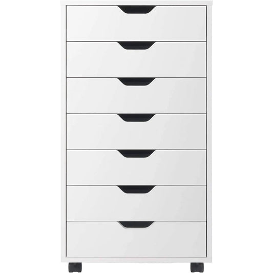 White Scandinavian style 7-drawer dresser on casters with black recessed handles on Tampa Home & Garden Store