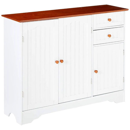 White wood sideboard buffet with walnut top and beadboard doors, right-side two drawers on Tampa Home & Garden Store