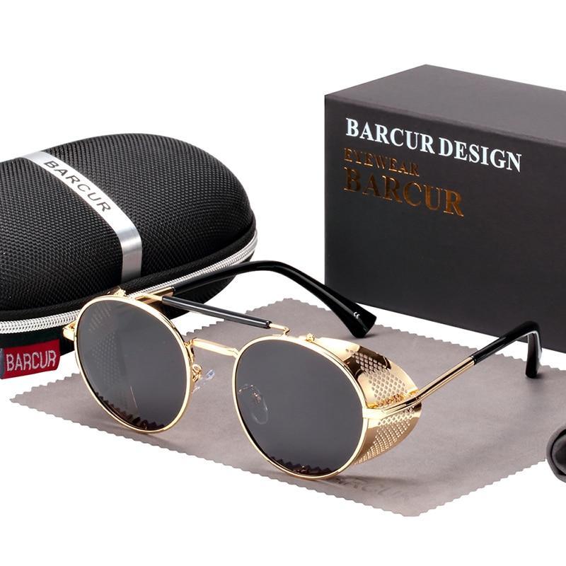 Barcur round metal polarized sunglasses gold frame dark lenses UV400 with case on Tampa Home & Garden Store