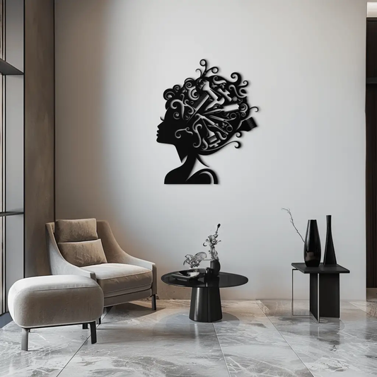 Hair Stylist Metal Wall Art for Salons, black metal silhouette of a woman with tools, Enova Art on Tampa Home & Garden Store