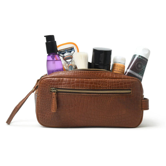 Hairon Croco Leather Toiletry Bag brown crocodile-embossed leather with zip pocket on Tampa Home & Garden Store