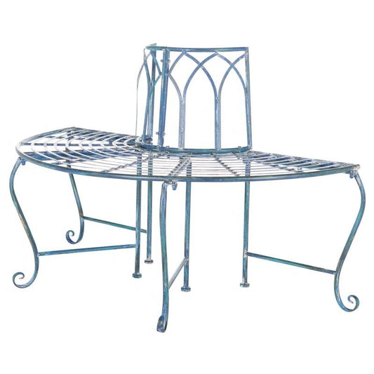 Half-Circle Outdoor Patio Garden Antique Blue Wrought Iron Tree Bench - Tampa Home & Garden Store
