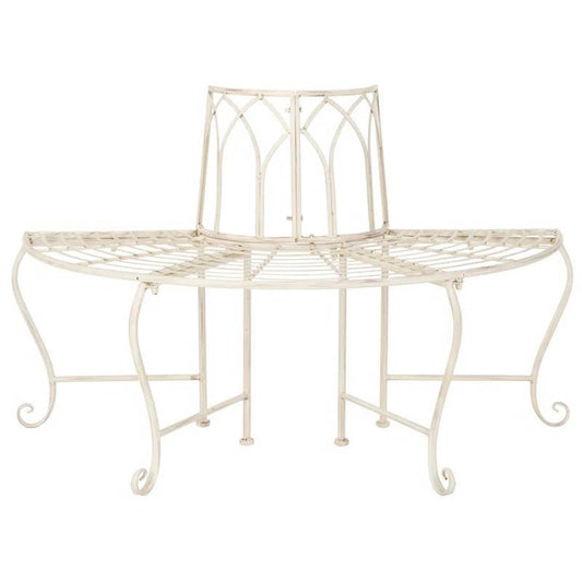 Half-Circle Outdoor Patio Garden Antique White Wrought Iron Tree Bench - Tampa Home & Garden Store
