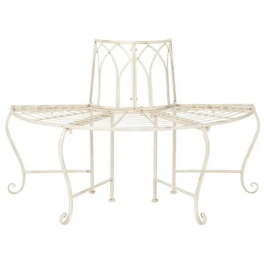 Half-Circle Outdoor Patio Garden Antique White Wrought Iron Tree Bench - Tampa Home & Garden Store