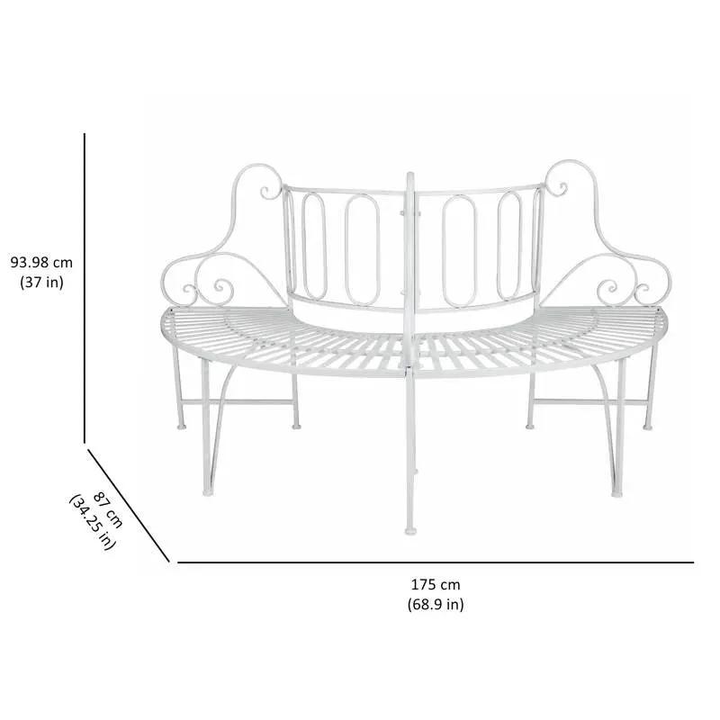 Half-Circle white metal outdoor tree bench with scroll arms, HomePacific garden bench on Tampa Home & Garden Store
