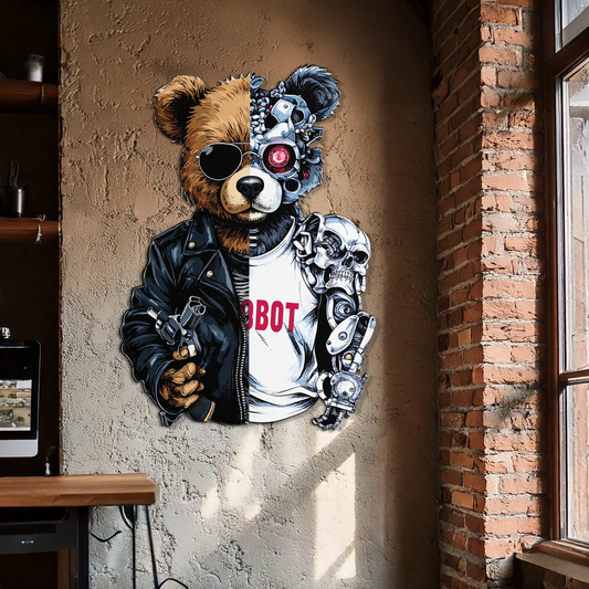 Half Cyborg Bear UV print modern metal wall art with sunglasses and black jacket on Tampa Home & Garden Store