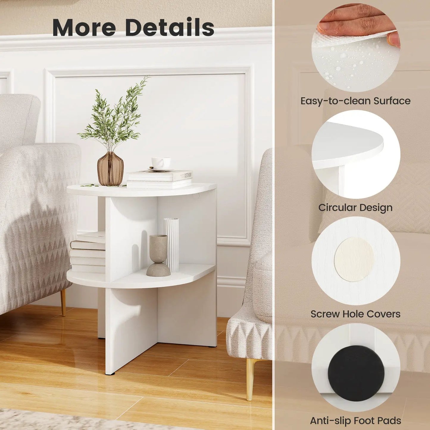 Half Round End Table with Open Shelves in White by DirectDeals, compact circular design on Tampa Home & Garden Store