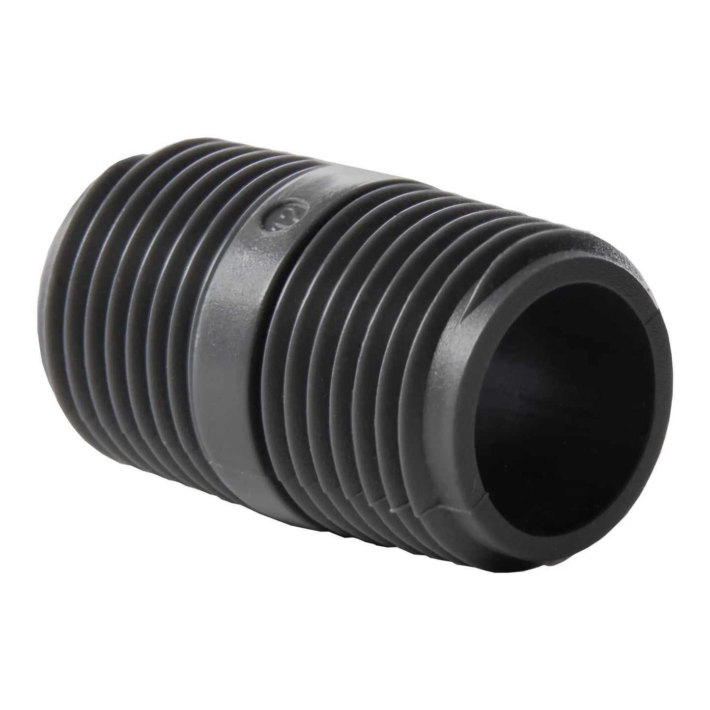 Orbit Irrigation half inch MPT PVC close riser connector, black ribbed PVC pipe fitting on Tampa Home & Garden Store