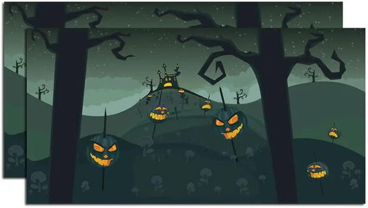 Halloween Spooky Pumpkins Backdrop set of 2 in dark green eerie forest scene on Tampa Home & Garden Store