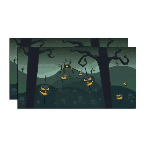 Halloween Spooky Pumpkins Backdrop 2-panel with glowing jack-o'-lanterns among dark trees on Tampa Home & Garden Store