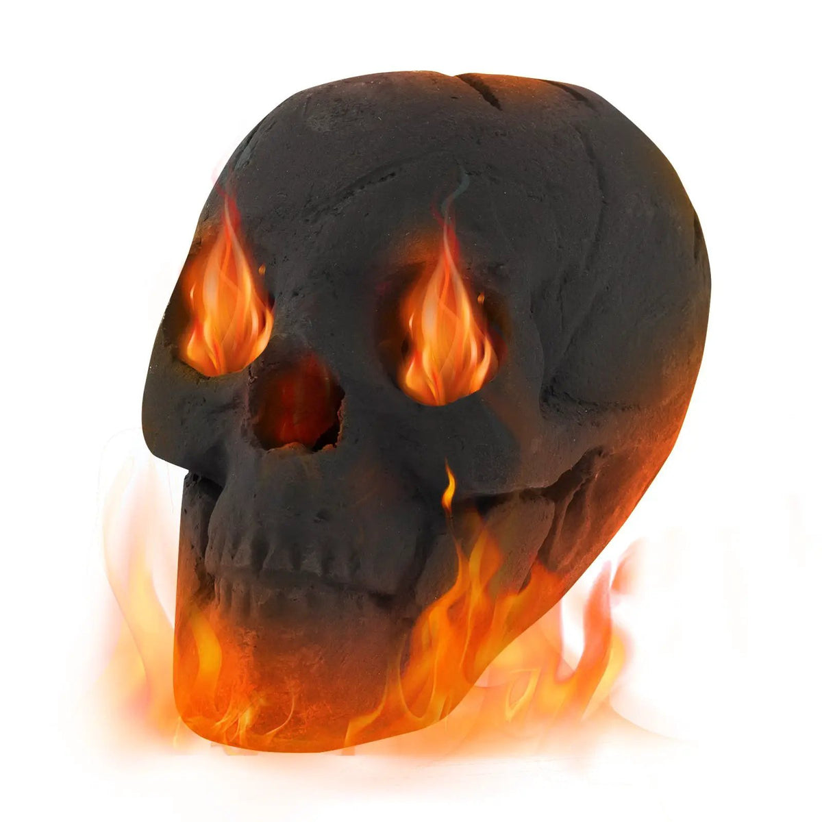 Halloween Skull Fire Pit Decoration for Outdoors, black charcoal skull with orange flame accents on Tampa Home & Garden Store