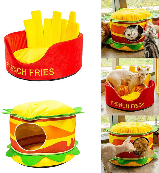 Hamburger Fries Cat Bed, burger-shaped red bun with yellow fries and lettuce, cat cave on Tampa Home & Garden Store