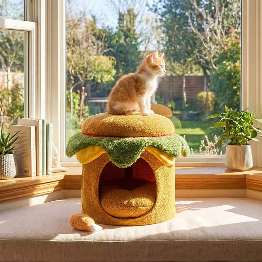 Hamburger Cat Nest with Drumstick Toy and Cushion
