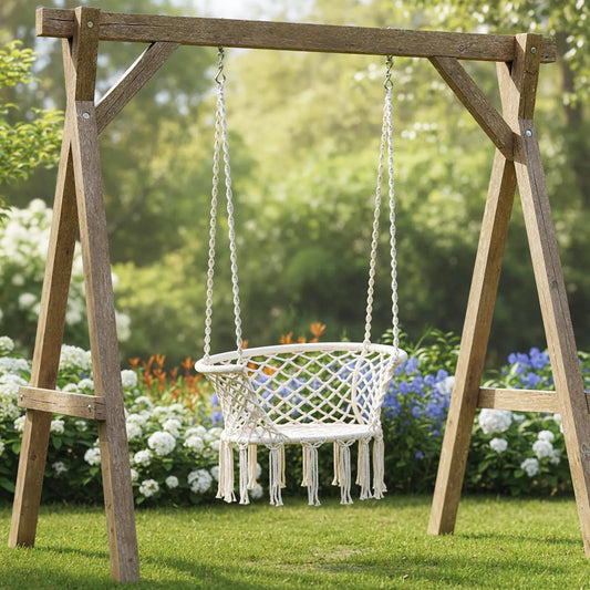 Macrame Hammock Chair Swing beige cotton rope hanging from a wooden garden frame on Tampa Home & Garden Store