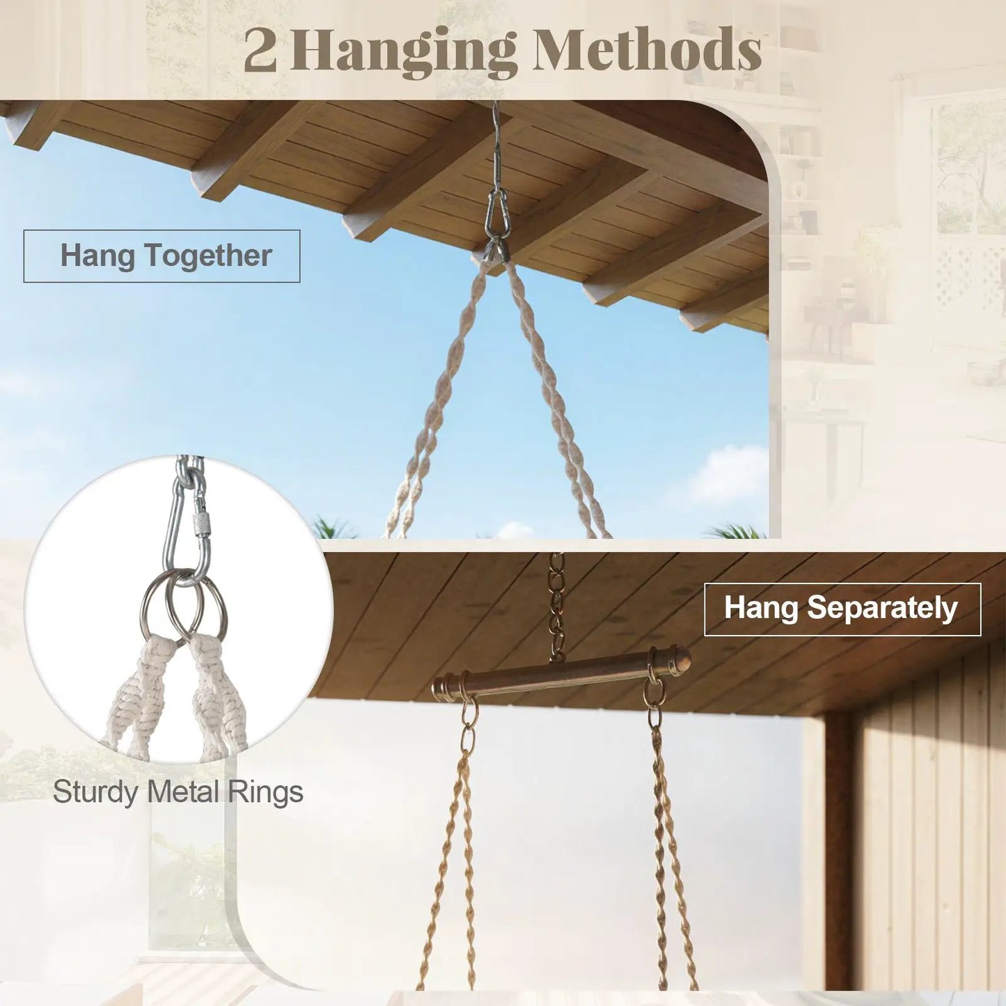 Macrame Hammock Chair Swing in beige cotton rope with sturdy metal rings on Tampa Home & Garden Store