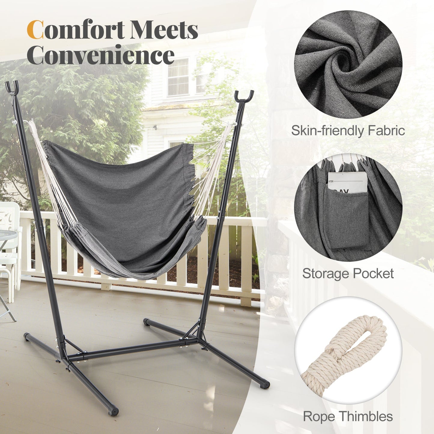 Hammock chair with stand in gray fabric featuring adjustable height and side pocket on Tampa Home & Garden Store