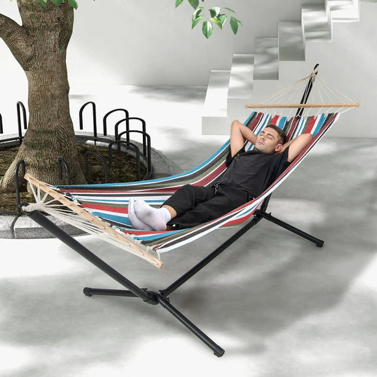 Hammock with stand in multicolor striped fabric on black metal frame on Tampa Home & Garden Store