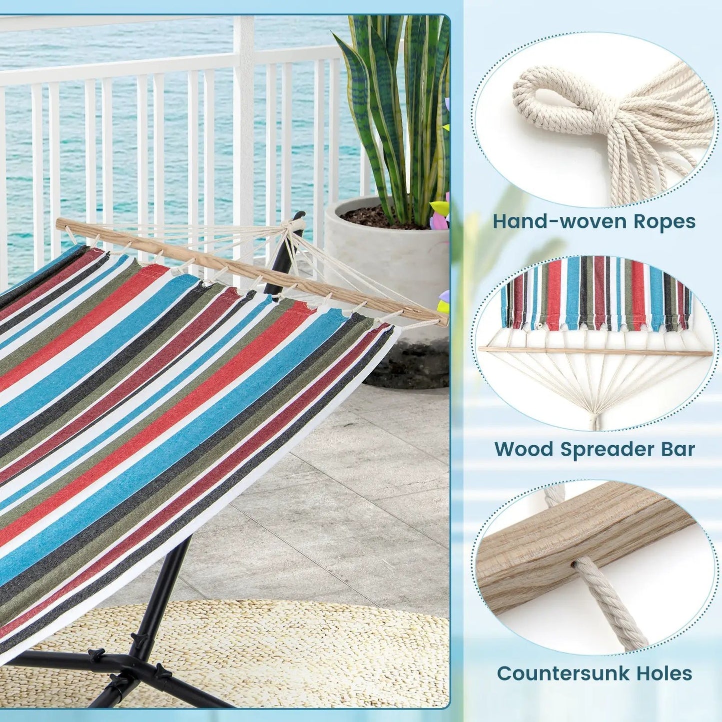 Hammock With Stand and Carrying Case Multicolor with wooden spreader bar on Tampa Home & Garden Store