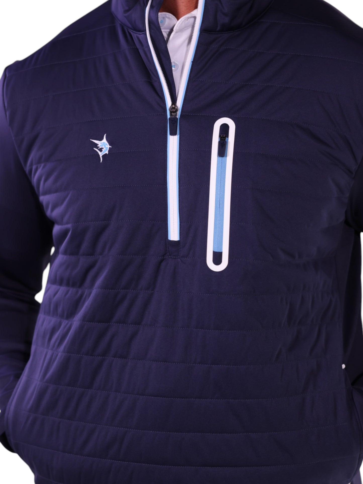 Hampton Pullover navy quarter-zip with light blue zippers and White Water Life logo on Tampa Home & Garden Store