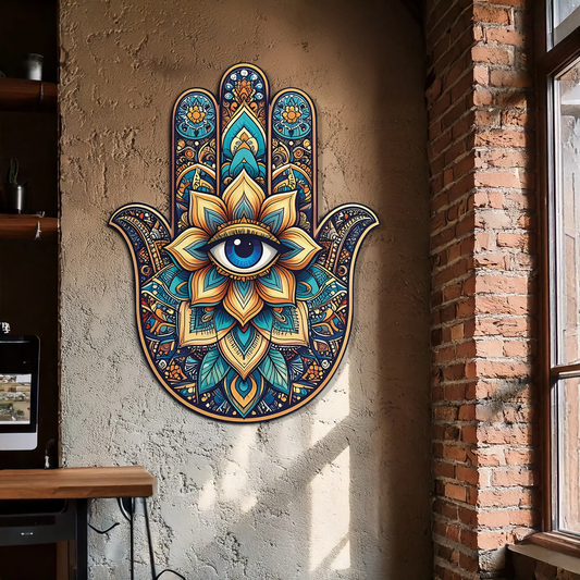 Hamsa Eye UV print modern metal wall art Boho Evil Eye by Enova Art in blue and gold tones on Tampa Home & Garden Store
