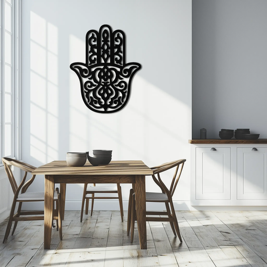 Hamsa Hand Metal Wall Art by Enova Art in black metal with scrollwork for modern wall decor on Tampa Home & Garden Store