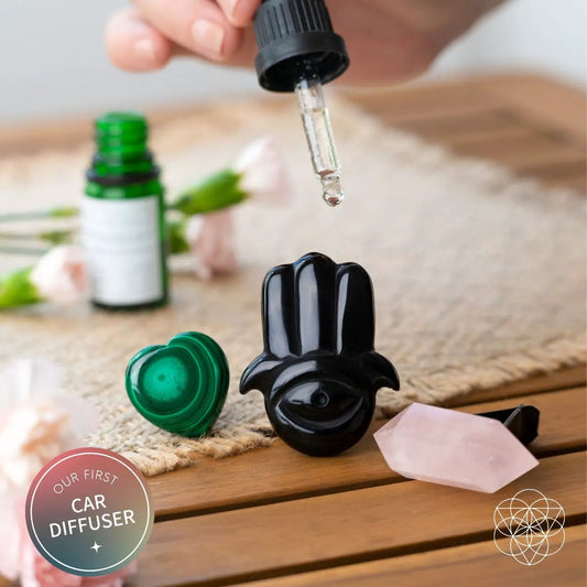 Hamsa Hand Black Obsidian car diffuser kit crystal set by Conscious Items with rose quartz on Tampa Home & Garden Store