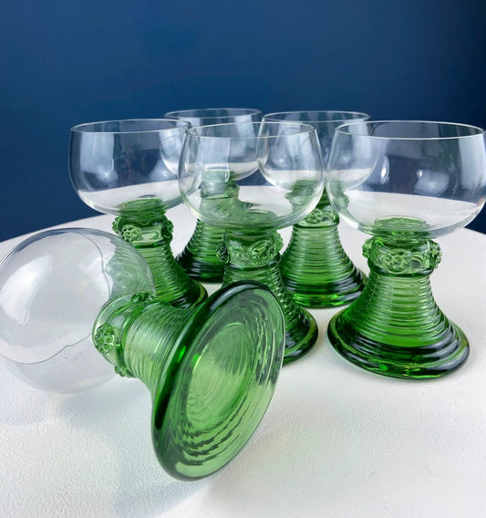 Hand blown goblets, clear bowls on green ribbed stems, set of 6 on Tampa Home & Garden Store
