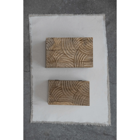 Hand carved mango wood storage boxes, leaf-engraved lids, decorative display on Tampa Home & Garden Store