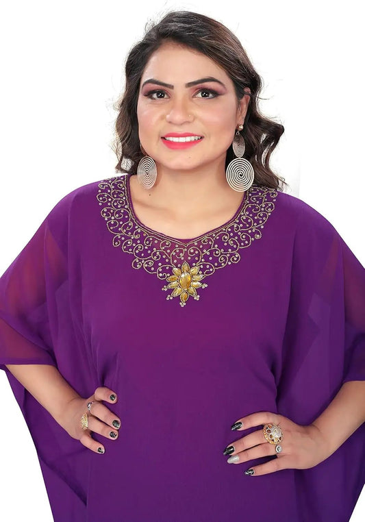 Hand-Embroidered Rhinestone Kaftan Dress in purple with ornate gold neckline embroidery on Tampa Home & Garden Store