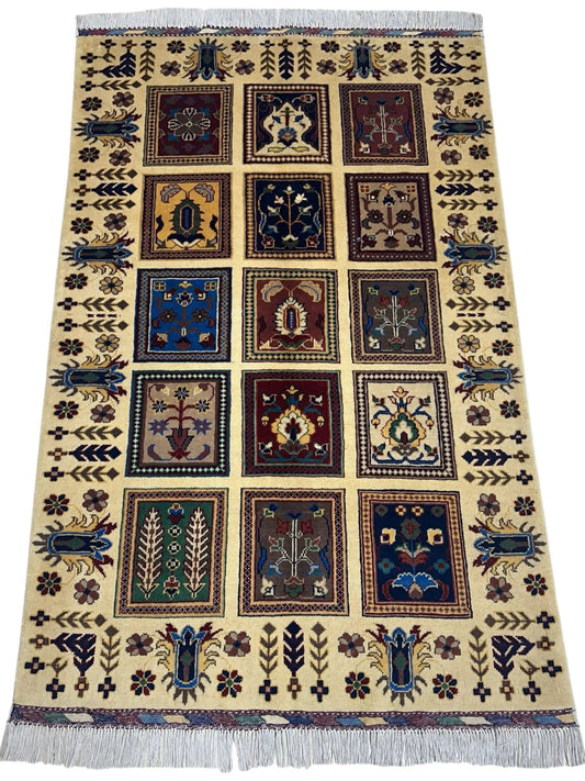 Hand Knotted Afghan Wool Rug Bakhteiari beige field with square medallions and fringe ends on Tampa Home & Garden Store