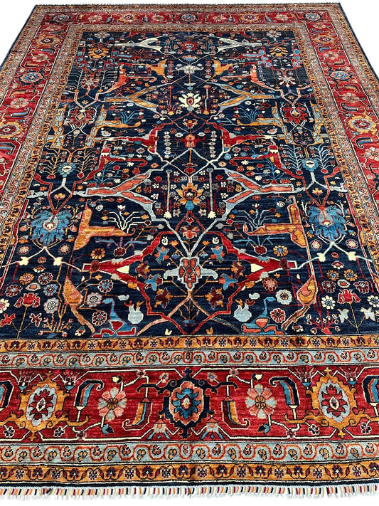 Rugistan hand-knotted Afghani Bidjar wool area rug 9x12 with navy field and red border, motifs on Tampa Home & Garden Store