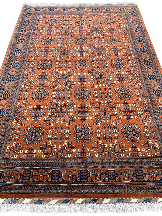 Rug Afghani Bukharayi Hand-Knotted Wool Geometric Rug orange field with navy border Rugistan on Tampa Home & Garden Store