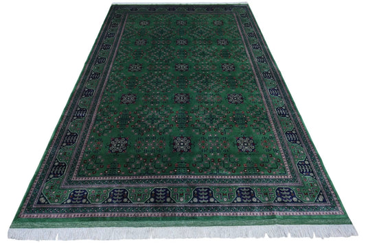 Hand-Knotted Bukharayi Wool Rug 6ft7in x 9ft9in green field with bordered motifs Rugistan on Tampa Home & Garden Store