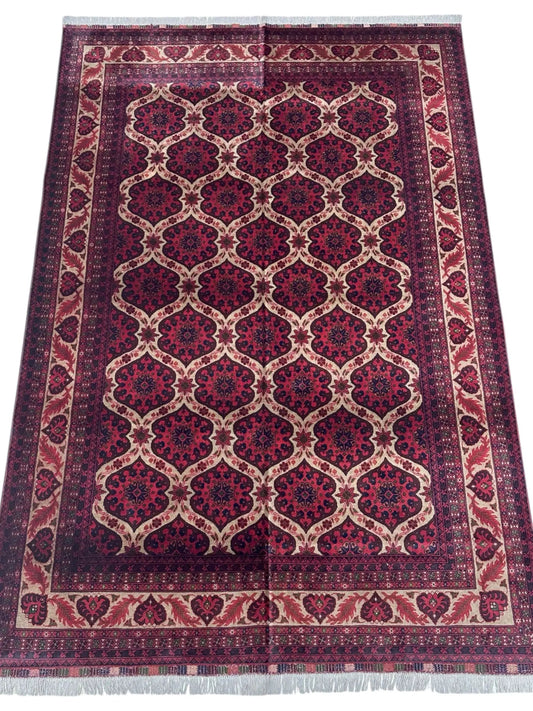 Hand-knotted Afghani heart-pattern wool rug cream with pink motifs and purple borders Rugistan on Tampa Home & Garden Store