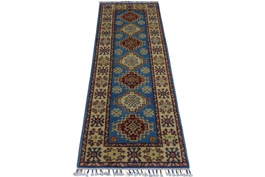 Hand-knotted Afghani Kazak wool rug runner by Rugistan with blue field and border, 2 ft x 5 ft on Tampa Home & Garden Store