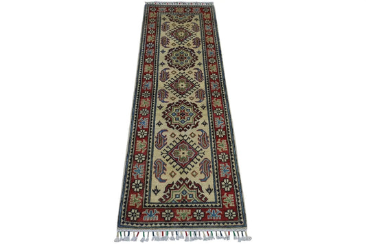 Hand-knotted Afghan Kazak wool rug runner, 2x6 ft, ivory field, red border, fringed on Tampa Home & Garden Store