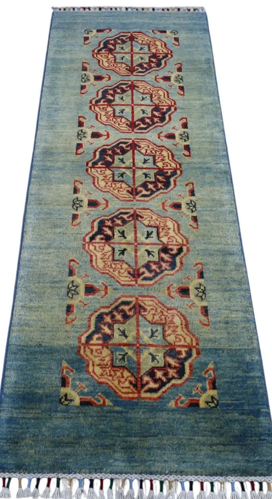 Rug Hand Knotted Afghani Kazak Wool Rug with blue field and red medallion motifs on Tampa Home & Garden Store