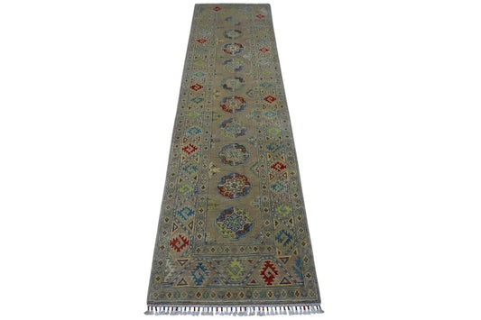 Hand Knotted Kazak Wool Rug runner 2 ft 7 in x 10 ft with beige field and colorful medallions on Tampa Home & Garden Store