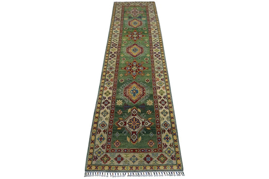 Hand-knotted Afghani Kazak wool rug, blue-green with geometric medallions, Rugistan runner 2'7" x 9'8" on Tampa Home & Garden Store