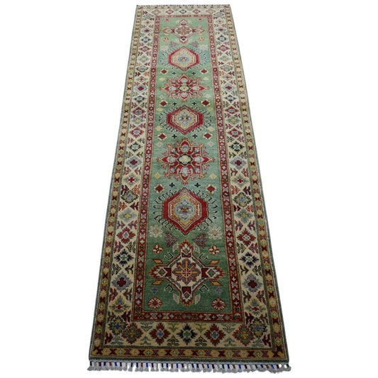Hand Knotted Afghan Kazak Wool Rug runner, green field with red borders, 2x9 Rugistan on Tampa Home & Garden Store