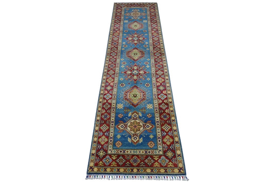 Hand-knotted Afghan Kazak wool rug runner with blue field and red border Rugistan on Tampa Home & Garden Store