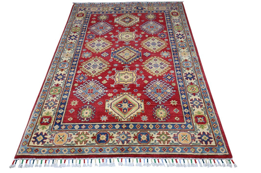 Hand-knotted Rugistan Afghani Kazak wool rug in red with blue ivory geometric motifs, 3x6 ft fringe on Tampa Home & Garden Store