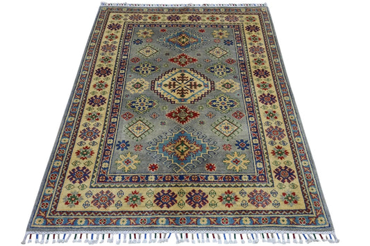 Hand-knotted Afghan Kazak wool rug Classic Rugistan blue geometric medallions, 3’11” x 5’6” on Tampa Home & Garden Store