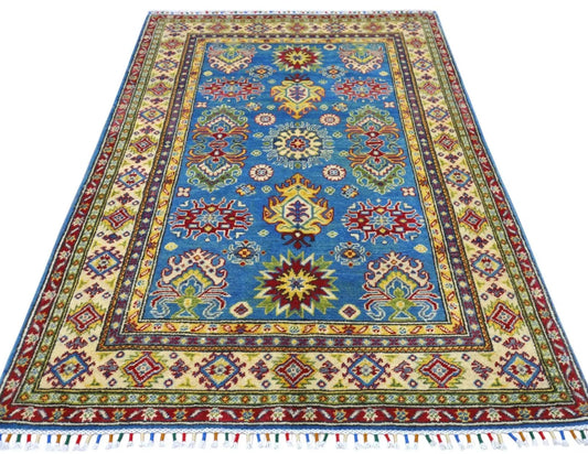 Hand knotted Afghan Kazak Wool Rug blue field with ivory border, 3 ft x 6 ft Rugistan on Tampa Home & Garden Store