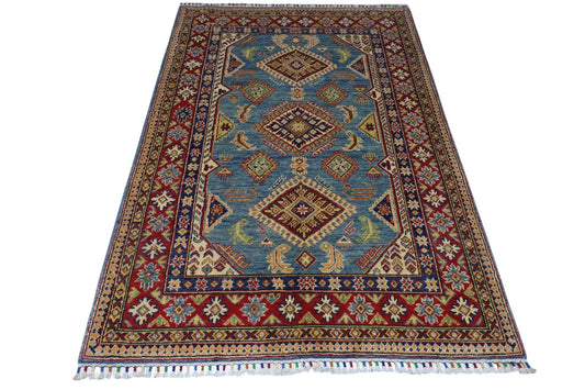 Hand Knotted Afghani Kazak Wool Rug 4x6 ft blue field with red border Rugistan on Tampa Home & Garden Store