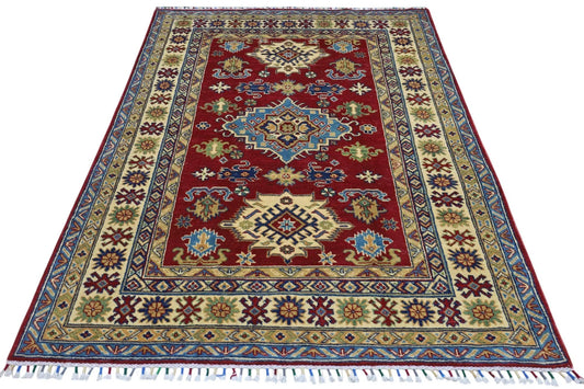Rug: Hand knotted Afghani Kazak Wool Rug red field with blue border Rugistan Tampa on Tampa Home & Garden Store