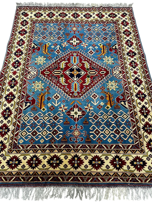 Rug Hand Knotted Afghani Kazak Wool Rug blue cream by Rugistan on Tampa Home & Garden Store