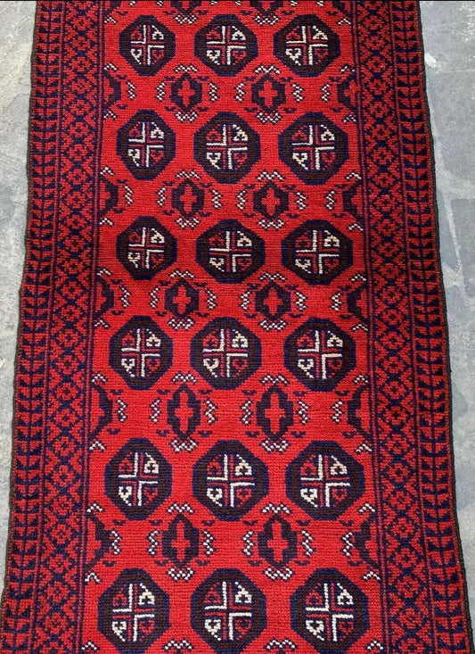 Hand Knotted Afghani Baluch Runner Rug red field with octagonal medallions and border 2x7 ft on Tampa Home & Garden Store
