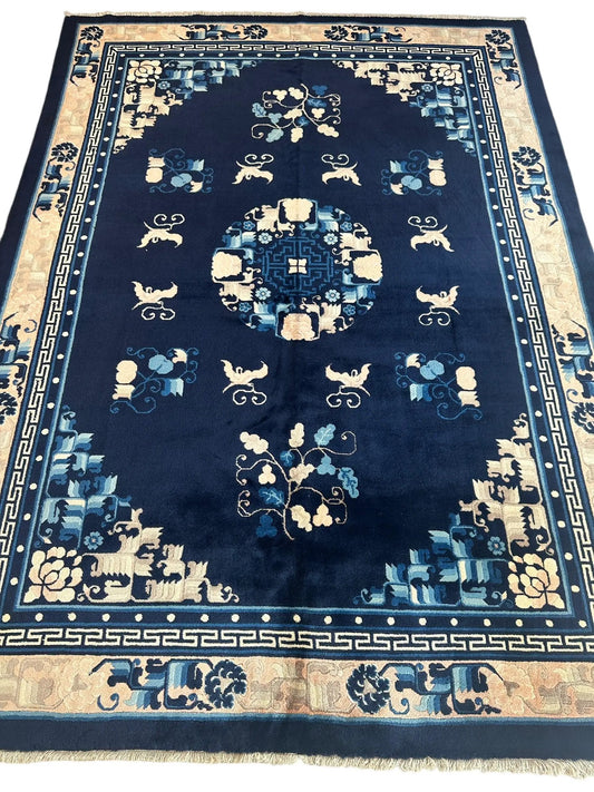 Hand Knotted Peking Wool Rug Navy and Cream with floral medallions and Greek key border Rugistan on Tampa Home & Garden Store
