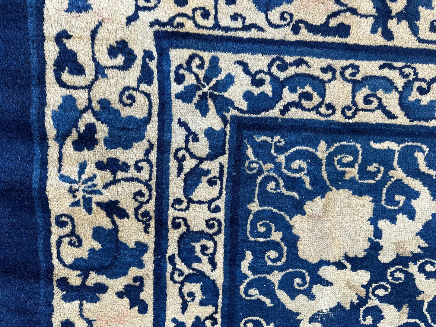 Hand knotted Peking wool rug blue antique 19th century Rugistan area rug on Tampa Home & Garden Store
